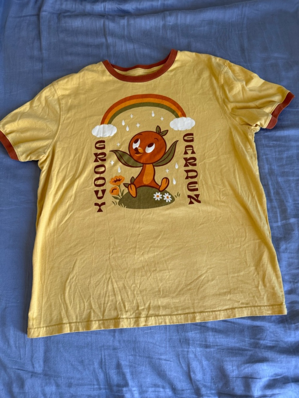 Disney Yellow Ringer Tee with Orange Trim and Vintage Garden Graphic